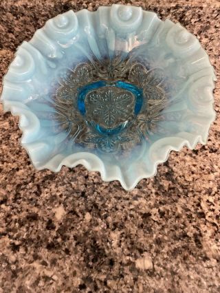 Vintage Jefferson Glass Co.  Blue Opalescent Ruffled Bowl The Pattern Is Meander
