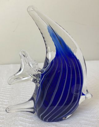 Art Glass Hand Blown Angel Fish White Blue Paperweight Art Deco 3