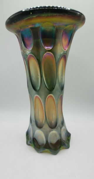 Vintage Early Fenton Green Carnival Glass Long Thumbprint Vase -