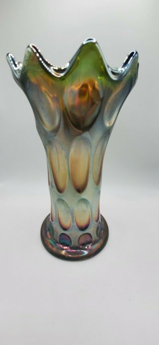 Vintage Early Fenton Green Carnival Glass Long Thumbprint Vase - 3