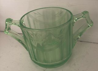 Vintage Uranium Green Depression Vaseline Glass Sugar Bowl Etched Stripes Flower
