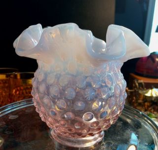 Fenton Glass Company Pink Opalescent Hobnail Ruffled Top Vase 4 1/2 "