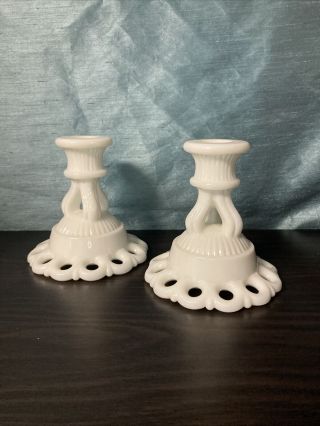 Westmoreland Doric Open Lace White Milk Glass Candle Stick Holders Pair Vintage
