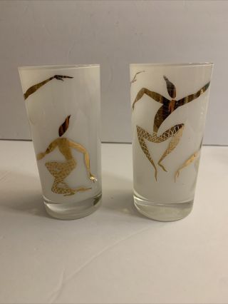 Vintage Federal Glass Mcm Tumbler Glasses White Frosted With Gold Dancers