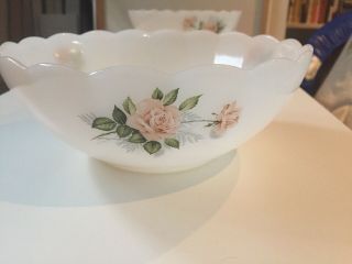 Arcopal France Opal White Milk Glass Bowl Pink Roses 8 "