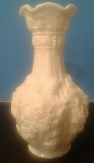 10 " Tall Imperial Glass Grape Leaf Pattern Milk Glass Vase