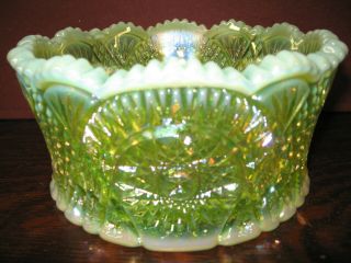 Vaseline Opalescent Carnival Glass Candy Bowl Diamond Pattern Iridescent Uranium