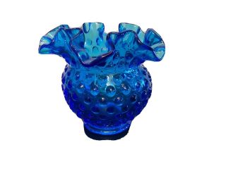 Fenton Hobnail Glass Vase,  Colonial Blue With Ruffled Edge