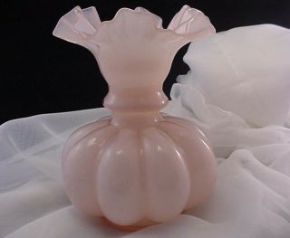 Fenton 8 " Melon Vase Dusty Rose Pink Overlay Cased Glass Vintage