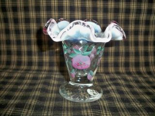 Fenton Pink Vase Diamond Cut Ruffled Rim Hand Painted Flowers
