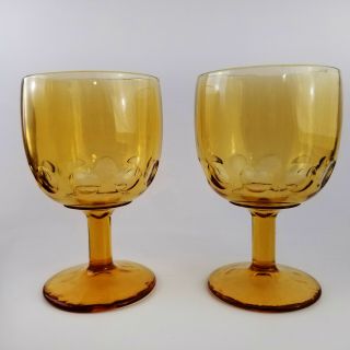 Bartlett Collins Amber Thumbprint Schooner Goblet Set Of 2 Water Wine Vintage