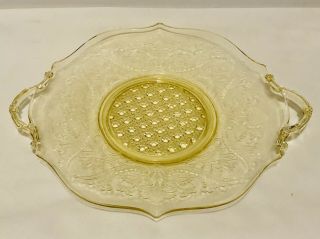 Yellow Depression Glass Cake Plate Etched Design Handled 12 " Serving Platter
