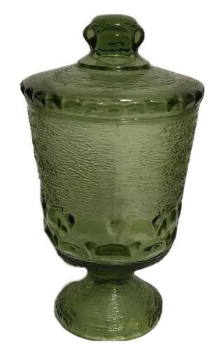 Emerald Green Glass Pedestal Candy Dish With Lid Vintage