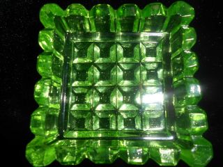 Square Green Vaseline Glass Salt Cellar Dip Candle Holder Uranium Glow Yellow 2 "