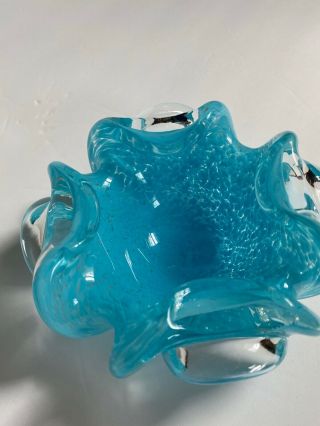 Vintage Murano Art Glass Blue Folded Corner Bowl Ashtray Smooth Base Crackle