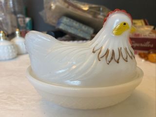 Milk Glass Hen On Nest Small Dish Cross Weave Painted No Chips Or Cracks 3