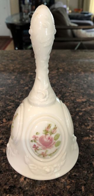 Fenton Hand Painted Milk Glass Medallion Bell - Pink Roses Signed.