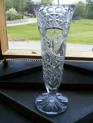 Hofbauer Byrdes Hand Cut Crystal Vase With Etched Birds Germany