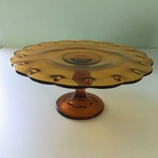 Vintage Indiana Glass Amber Pedestal Cake Stand Tear Drop Pattern Scalloped Edge