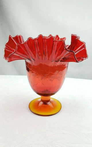 Vintage Blenko 388 Tangerine Amberina Ruffle Crimped Edge Crackle Glass Vase