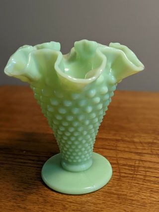 Vintage Fenton Glass Hobnail Flower Vase Green Opalescent Ruffled Rim