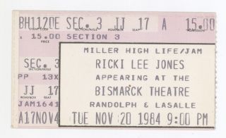 Rare Rickie Lee Jones 11/30/84 Chicago Il Bismarck Theatre Ticket Stub