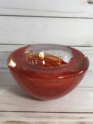 Kosta Boda Red Orange Art Glass Votive Candle Holder 4 1/2” X 2 1/2”