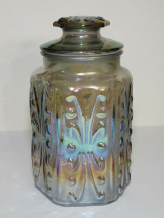 Vintage 9 " Iridescent L.  E.  Le Smith Atterbury Scroll Carnival Glass Canister Jar
