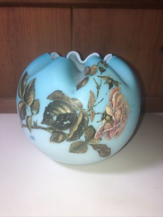 Vintage Hand Painted Cased Glass Rose Bowl Vase Blue