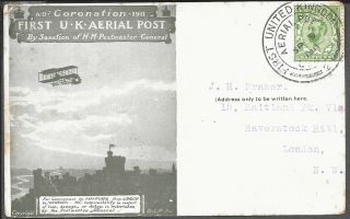 Aviation 1911 First Uk Aerial Post Postcard In Green A Little Soiled