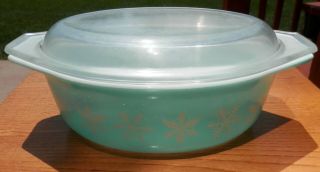 Pyrex Turquoise Snowflake Oval Casserole Dish 1 1/2 Qt 043 W/ Glass Lid