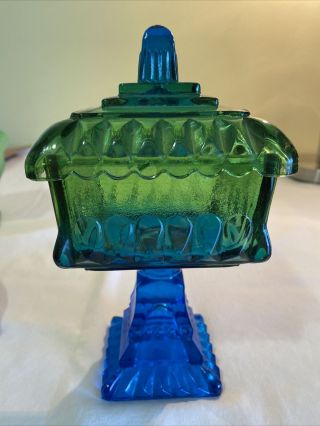 Vintage Jeanette Glass Wedding Cake Box Lidded Candy Dish Green Blue 8 1/2” Tall
