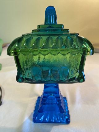 Vintage Jeanette Glass Wedding Cake Box Lidded Candy Dish Green Blue 8 1/2” Tall 2
