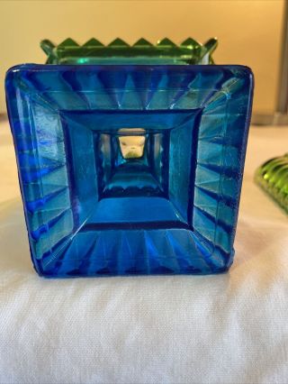 Vintage Jeanette Glass Wedding Cake Box Lidded Candy Dish Green Blue 8 1/2” Tall 3