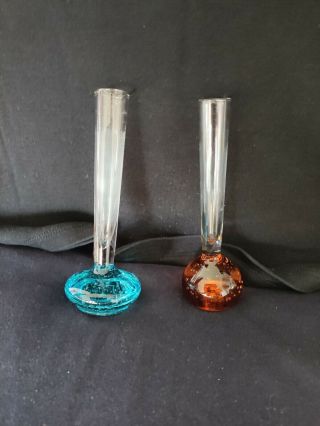 Two Vintage Art Glass Single Stem Bud Vases,  Controlled Bubble 1960s Blue Orange
