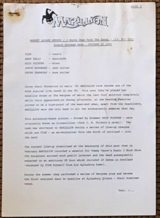 Marillion Market Square Heroes 1982 Uk 2 - Page Press Release