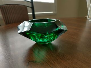 Vintage Green Faceted Glass Ashtray Dish Bowl Murano Mid Century Modern