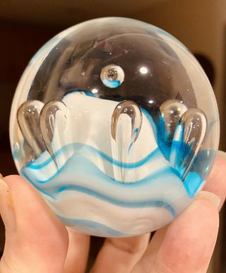 Vintage Art Glass Paperweight Blue White Controlled Bubbles