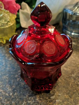 Vintage Fostoria Ruby Red Coin Glass Candy Dish With Lid