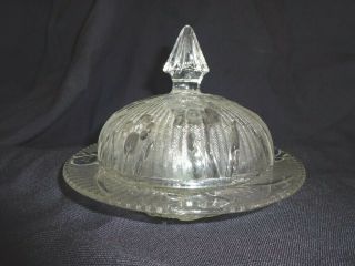 Vintage Jeannette Clear " Iris And Herringbone " Covered Butter Dish