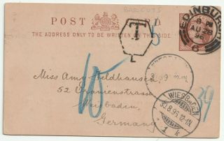 1896 ½d Postal Staty Card Edinburgh Bar Cuts Cds Taxe Mark To Weisbaden Germany