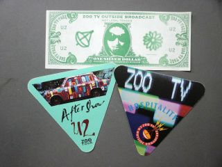 U2 Backstage Passes Two Satin Cloth Stickers Zoo Tour Triangles,  U2 Dollar Bill