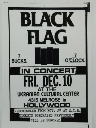 Black Flag At The Ukranian Cultural Center In Hollywood Punk Rock Concert Poster