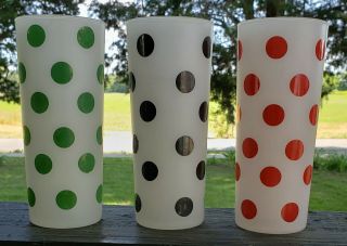 Vintage 6.  5 " Frosted Black Red And Green Polka Dot Glass Tumbler Glasses