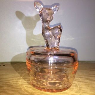 Vintage Pink Depression Glass Deer Figure Lidded Candy Dish