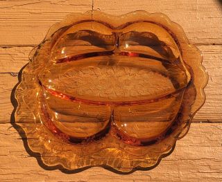 1930s Cambridge Glass Amber Apple Blossom Etch 5 Part Relish Serving Tray