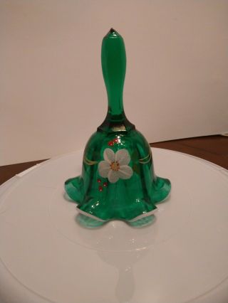 Fenton Hand Painted And Signed Bell,  Green With White Flower