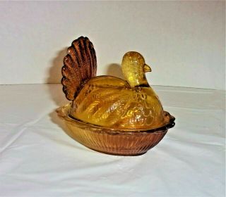 Vintage Amber Glass Turkey On Nest Covered Candy Dish Small 4 1/2 " By 3 "