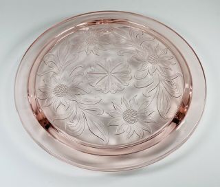 Vintage Pink Jeannette Depression Glass Cake Plate Platter Sunflower Pattern 10” 2