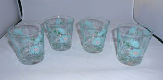 4 Vintage 50s Mid Mod Mcm Aqua Blue Green Pink Flower Juice Cocktail Glasses